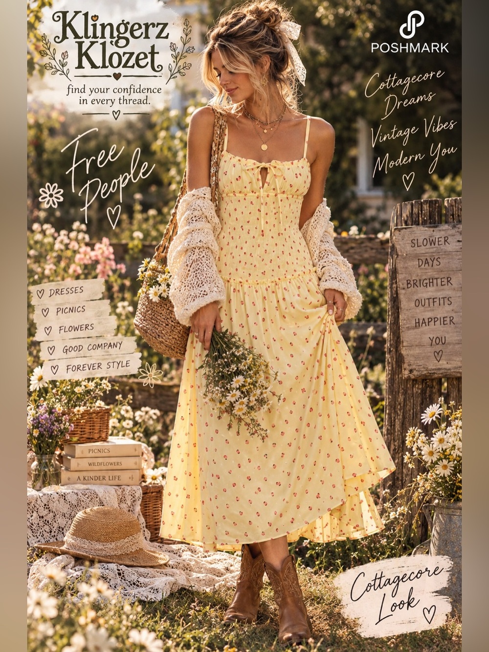 Free People Lavender Daze Strawberry Smocked Midi Dress Yellow S NWOT